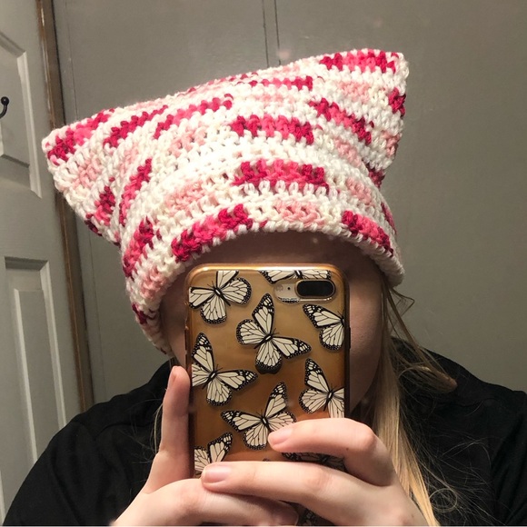 Pink Multi and White Crochet Cat Ear Beanie - Picture 3 of 4